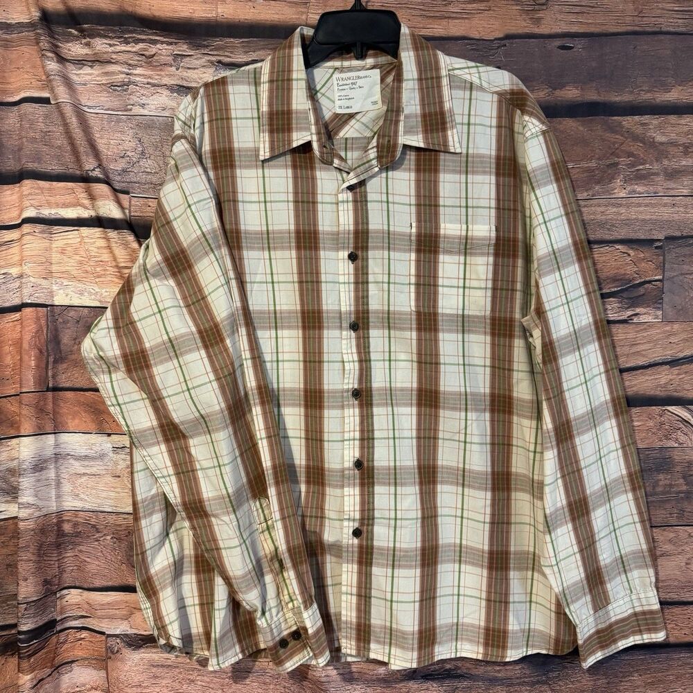 Wrangler Jeans Co Mens Shirt 2X Large Brown Green Plaid Long Sleeve 100% Cotton